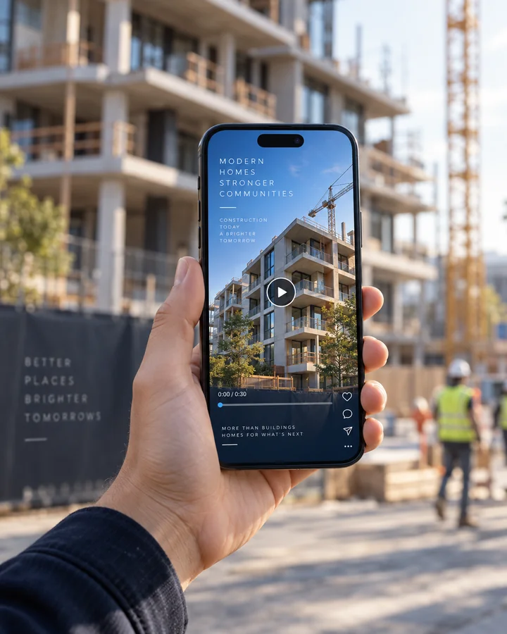 Teléfono mostrando un anuncio en video de un desarrollo en construcción
